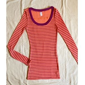 Free People Tee long sleeves mesh shirt coral  purple stripes Size Large women